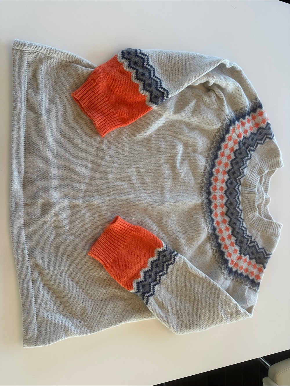 Light Gray Crewneck Sweater with Orange and Navy Fair Isle Detail
